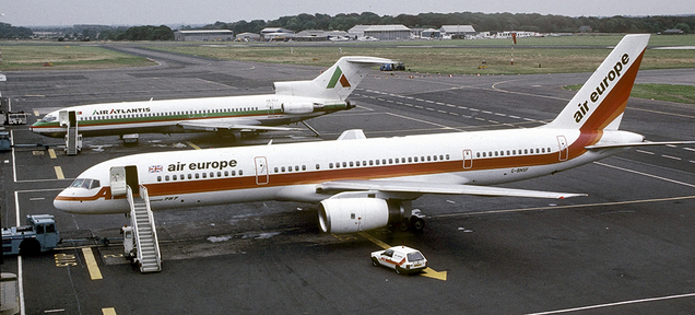 An Air Europe 757, parked next to a 727, the airliner it was designed to replace